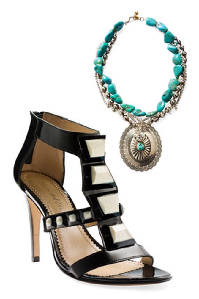 Colorful necklace and patterned shoe