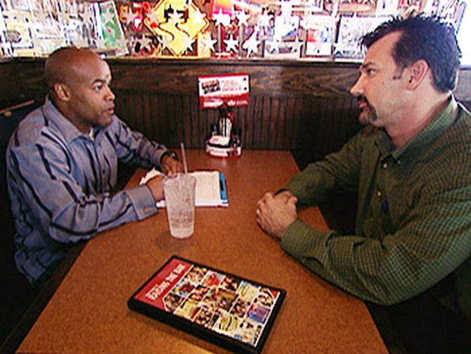 Angelo meets with Jake, the T.G.I. Friday's manager.